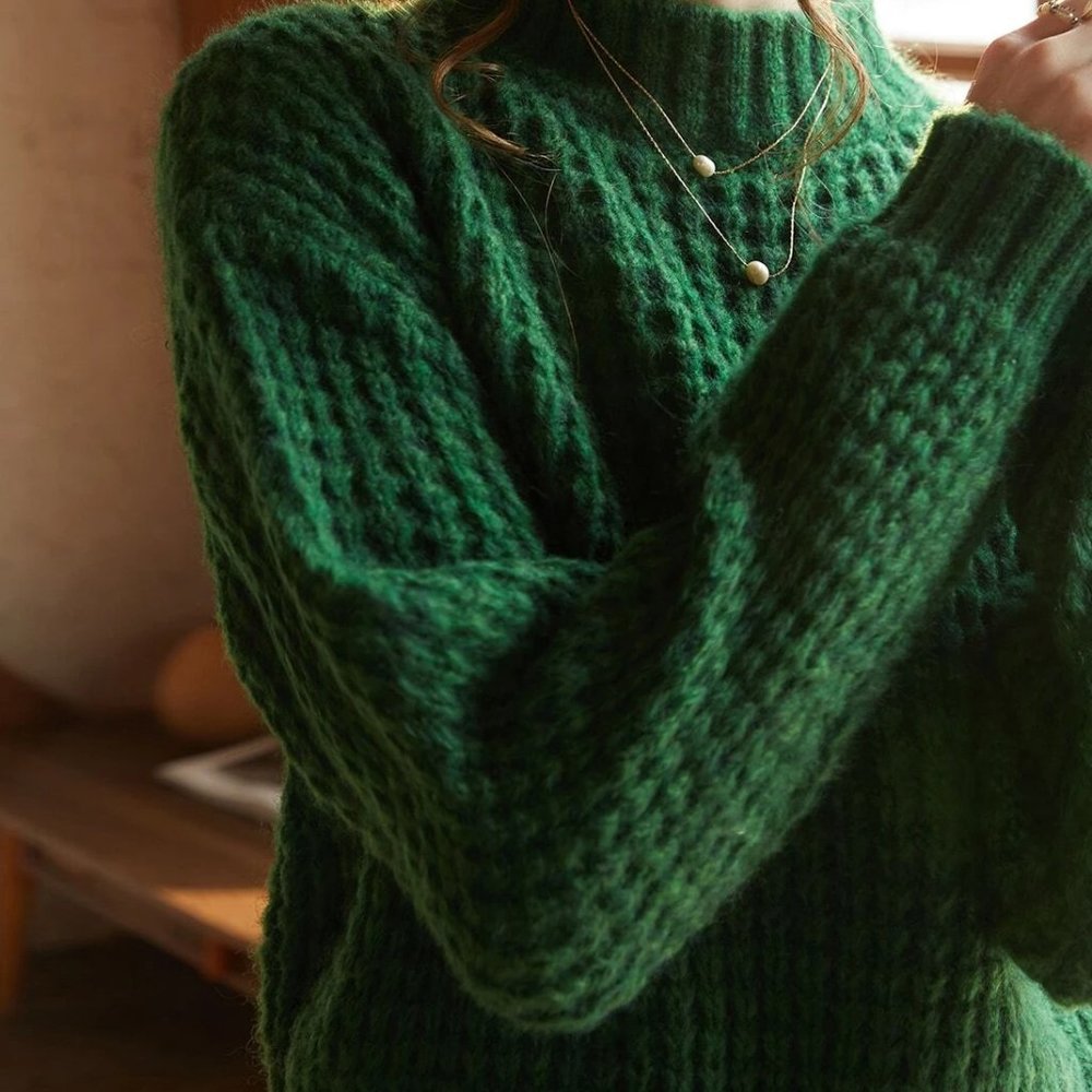 green waffle knit sweater fall winter trending chic casual - Picture 5 of 7